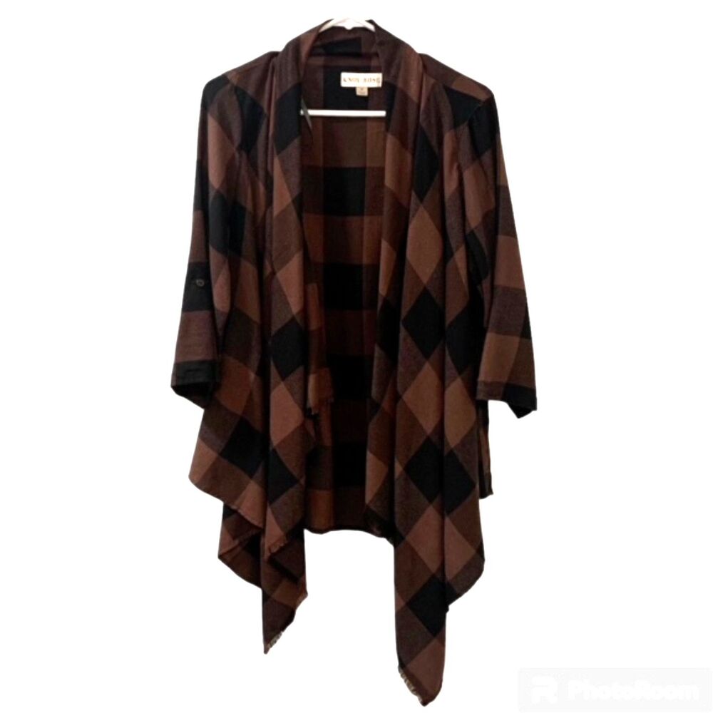 Knox Rose Womens M Brown Black Plaid Open Cardigan Roll Tab Asymmetrical